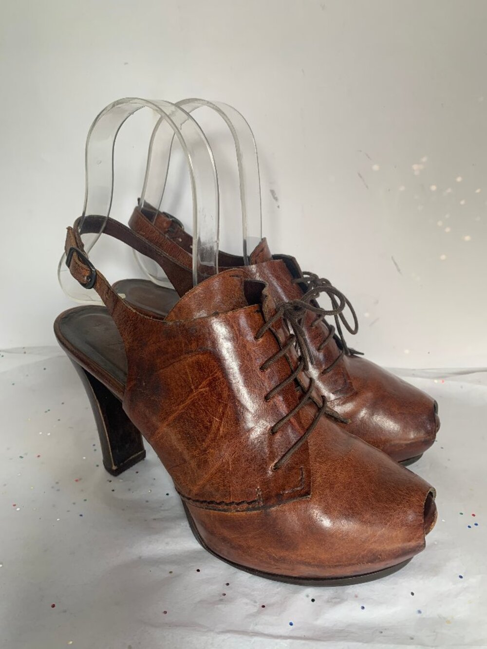 Henry Beguelin Brown Lace Up Slingback Peep toe Hidden Platform Heels Italy 38.5